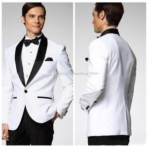 Yüksek Kaliteli Bir Düğme Beyaz Damat smokin Şal Yaka Groomsmen Mens Suits Düğün / Gelinlik / Akşam Blazer (Ceket + Pantolon + Kravat) K376