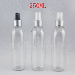 250ml frasco de plástico transparente transparente com bomba de pulverização de prata, sub-engarrafamento de maquiagem de 250cc, recipiente cosmético vazio