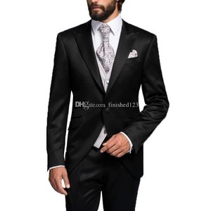 Very Good One Button Black Groom Tuxedos Peak Lapel Men Suits 3 pieces Wedding/Prom/Dinner Blazer (Jacket+Pants+Vest+Tie) W515