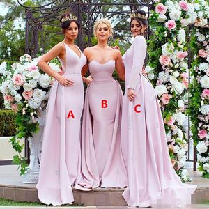 V Modest Neck Bridesmaid Dresses with Detachable Train Applique Long Sleeves Sweetheart Neckline Mermaid Sheath Evening Party Gowns line