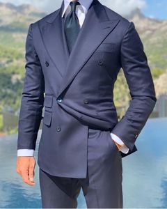 Klasik Tarzı Kruvaze Donanma Mavi Damat Smokin Tepe Yaka Erkekler Düğün Takım Elbise / Balo / Akşam Yemeği Best Adam Blazer (Ceket + Pantolon + Kravat) W285