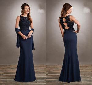 Unique Three Holes Backless Navy Evening Dresses For Wedding Mom Jewel Lace Sheath Cap Sleeve Mother Of The Bride Dress With Wrap New