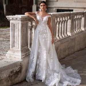 Suknie ślubne Koronki Syrenki z odłączanym pociągiem 2020 Sheer Cap Rękawy Aplikacje Vestido De Novia Plus Size Wedding Suknie ślubne