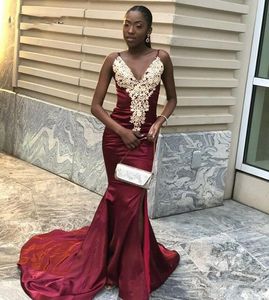 Mermaid Burgundy Prom Dresses With Gold Appliques Spaghetti Straps Evening V-neck Summer Party Dress Long Satin Lady Gowns