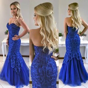 Royal Blue Mermaid Dantel Gelinlik Modelleri Sweetheart Boyun Parti Elbise Kat Uzunluk Tül Artı boyutu Örgün Abiye Giyim