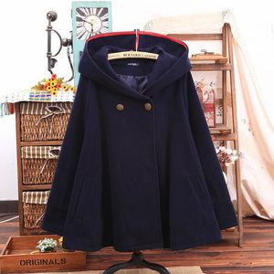 Japan Style Cute Mori Girl Ordinary Hooded Cloak Plus Size Coat Women Loose Button Solid Long Sleeve Winter Cotton Coats T186