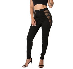 Jeans feminino bulfort super confortável stretch denim magro preto sexy malha bandagem calças mulheres lápis