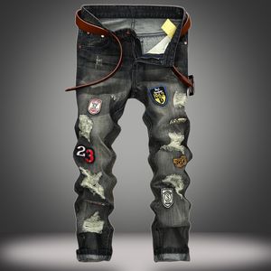 Mens Fashion Designer Ripped Jeans Retro Black Badge Washed Biker Denim Pants Hip Hop Distressed Trousers JB163