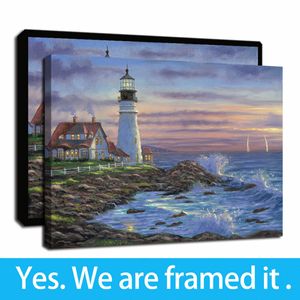 Framed Artwork Maines Lighthouse Ocean Landscape Oil Paintings Print on Wall Art Paintings Poster for Home Decoration Ready To Hang