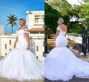 Plus Size New Mermaid Wedding Dresses African One Shoulder Ruched Beaded Sexy Open Back With Button Sweep Train Bridal Gowns