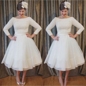 Kleider im Vintage-Stil mit Spitzenapplikation, Tee-Länge, A-Linie, U-Ausschnitt, lange Ärmel, Hochzeit, Brautkleid, Übergröße