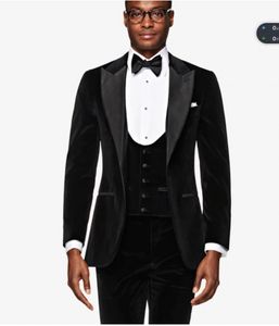 Fashion Black Velvet Groom Tuxedos Peak Lapel Groomsman Wedding 3 Piece Suit Fashion Men Business Prom Jacket Blazer(Jacket+Pants+Tie+Vest)