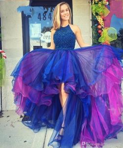 Newest High Low Prom Dresses Halter Sequins Beaded Tiered Organza Skirt Sparkly Backless Party Dresses Graduation Dresses Sweep Train DH4095