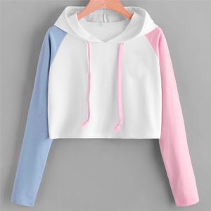 Felpe con cappuccio da donna Felpe con cappuccio da ragazza rosa blu manica corta camicetta corta pullover felpa con cappuccio 0912