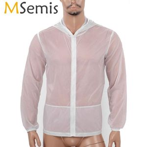 Homens Sunscreen Jaqueta Casaco de Pele Sexy ultra-fino transparente mangas compridas casaco com capuz respirável uv protetor beachwear cover-up