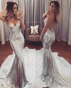 Sexy Silver Sequined Evening Dresses Long deep V Neck Cheap Party Gowns criss cross Backless Sweep Train Formal Prom Dress for Women