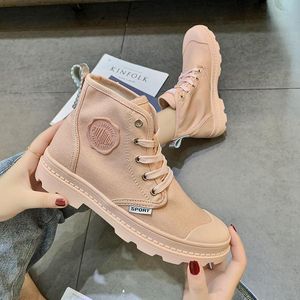 2022 Candy High Top Boots Sapatos de tela para mulheres no ver￣o respir￡vel coreano Martin Boots Leisure Trend￪ncia brit￢nica para mulheres