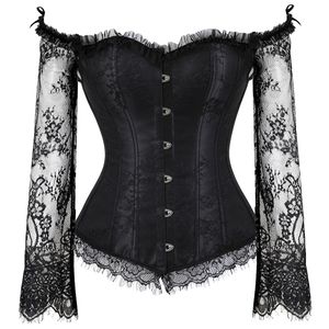 Halloween vittoriano pizzo floreale manica lunga svasata Lolita volant corsetto da sposa reggiseno push up bustier burlesque party corsetto danzante con maniche