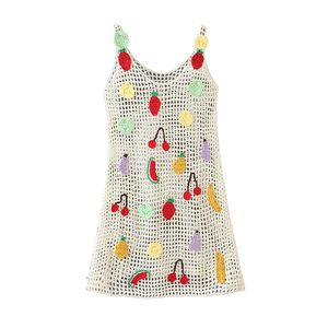 Women Spring Handmade Knits Dresses New Sleeveless Handmade Crochet Lovely Fruit Deco Hollow Out Sexy Casual Knitted Dress Cover-Ups