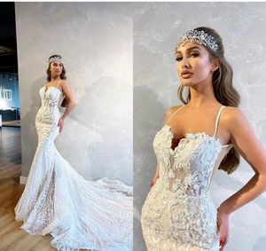 2020 Elegant Mermaid Wedding Dresses Spaghetti Sleeveless Beads Appliques Lace Wedding Dresses Court Train Bridal Gowns