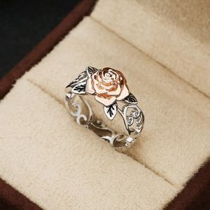 Squisito anello floreale in argento sterling 925 Solido fiore in oro rosa 14k Gioielli Fedi nuziali placcate a doppio colore per le donne Taglia 5 - 10