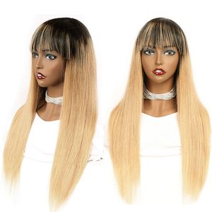 Färgad 1b / 27 Gluvlösa Human Hair Wigs With Bangs 150% Ombre Blond Rak Raw Indian Remy Full Machine Made Non Lace Wig för svarta kvinnor