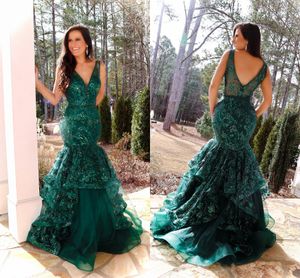 Gothic Sequins Lace Tiered Prom Klänningar Pagant Dubbel V-Neck Mermaid Elegant Evening Formell Klänning 2020 Kvinnor Party Homecoming Dress