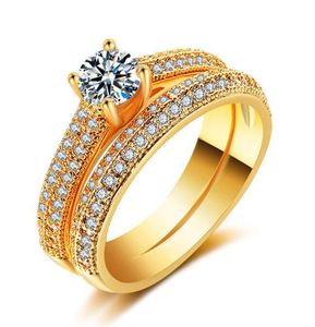 2PCS / l Set Luxus weibliche weiße Braut Ehering Set Mode 18k Gold gefüllt Schmuck Versprechen CZ Stein Verlobungsringe für Frauen