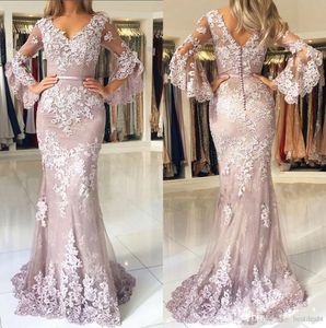 Elegant Blush Pink Appliques Lace Long Mermaid Prom Dresses V Neck Long Flare Sleeves Floor Length Formal Evening Gowns Custom Siz2477