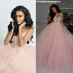 Blush Pink Prom Dresses Strap Scoop Neck spets aftonklänning Tulle bollklänning formella festklänningar