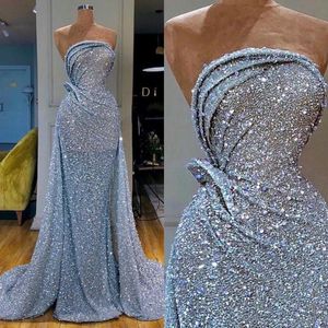 Light Blue Mermaid Evening Dresses Strapless Luxury Sequined Overskirt Mermaid Prom Gowns Ruched Sweep Train Red Carpet Occasion Dress