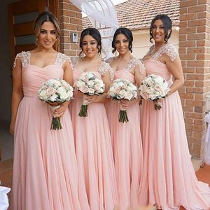 Elegantes vestidos de dama de honor rosados ​​largos Vestido de gasa Tan de estilo rural Maid of Honor Party Bods Wedding Formal Wear BD8955