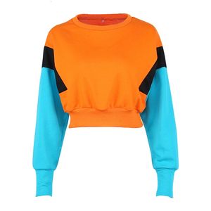 Kvinnor Ny Vår Höst Söt PinkyColor Orange Tröjor Långärmad Loose Crop Top Sweats Shirt Casual Patchwork Pullovers