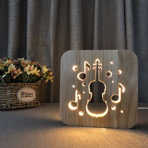 첼로 모양 나무 램프 중공 아웃 3D 밤 램프 따뜻한 화이트 LED 데스크 램프 USB 전원 공급 친구의 선물