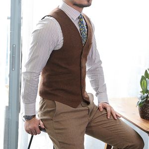 Dark Brown Groom Vests Wool Groomsmen Attire Herringbone Tweed Vest Slim Fit Men's Suit Prom Country Wedding Waistcoat Dress Plus Size B666