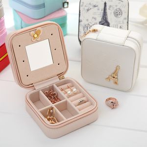 Korean Creative Jewelry Box Organizer Travels Portable Leather Ring Bracelet Earring Display Storage Drawer Box Case With Mirror C19021601