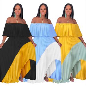 Mulheres Alças Maxi Vestido Chiffon Sexy Strapless Color Block plissadas Casual Long Beach Vestidos Ladies cintura alta saia em camadas