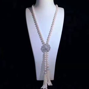 Hand knotted 8-9mm white freshwater pearl micro inlay zircon accessories tassels sweater necklace long 70+15cm