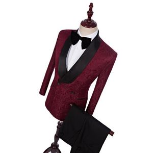 Przystojny Przycisk Burgundia Paisley Groom Smoking Szal Kapel Mężczyźni Garnitury 2 Sztuk Ślub / Prom / Dinner Blazer (Kurtka + Spodnie + Krawat) W871