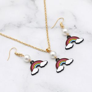 2021 New Fashion Necklace Rainbow Jewelry Sets Imitation Pearl 2pc/set Women Earrings Necklace For Girlfriend Gift