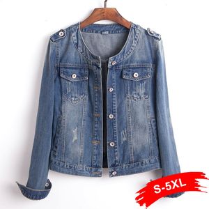 Plus Size Rodada Collar Jeans Jacket 4xl 5xl Doce Mulheres Luz Azul Bomber Jaquetas Jeans Curtas Jaqueta Casaco de Manga Longa Casuais S19802