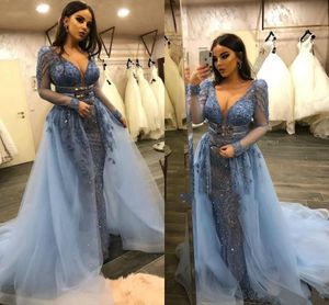 Mermaid Prom Latest Dresses Sexy Deep V Neck Sheer Long Sleeve Evening Gowns Sequins Illusion Beaded Women Formal Overskirt Party Dress
