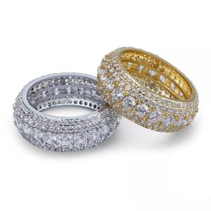 New Hip Hop 5 Rows Luxury Cubic Zircons Uomo Donna Anelli Fashion Gold Silver Colors Classic Maschi Finger Rings Taglia 7-11