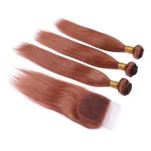 #33 Reddish Brown Virgin Hair Lace Closure with 3Bundles Copper Red Weaves Human Hair Bundles Malaysian Straight Dark Auburn Hair Extensions