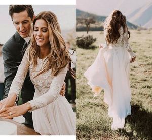 Long Sleeve Illusion Lace Garden Wedding Dresses Empire Waist Jewel Hollow Back Zipper Ruched Wedding Reception Beach Boho Bridal Gowns