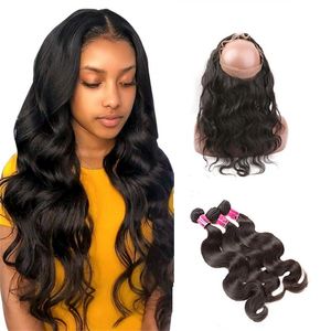 Onda do corpo Greatremy brasileira 3 Pacotes e 360 ​​Lace frontal com cabelo do bebê para o cabelo Virgin Inteiro Cabeça brasileiro com 360 Lace frontal