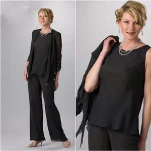 New Groom Mother of the Bride Dresses Wedding Guest Formal Evening Gown With Crew Mother's Suit Black Chiffon Pant Suits