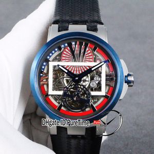 Neue Executive Automatik Tourbillon Herrenuhr, zweifarbiger Stahl, blaue Lünette, rotes Skelett-Zifferblatt, goldene römische Markierungen, schwarzes Leder, Puretime F03c3