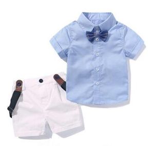 Abbigliamento da ragazzo per bambini set manica corta girare la camicia blu collare + cortometraggi al 100% cotone ragazzo vestiti per gentiluomini estivi due pezzi set