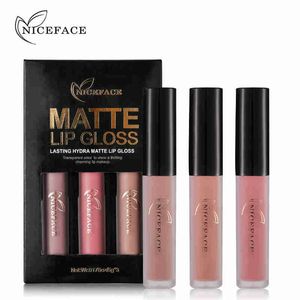 NICEFACE 3 STKS Waterdichte Matte Vloeistof Lipstick Make-up Set Langdurige Kiss-Proof Lip Gloss Creëren Naakt Schoonheid Fluwelen Sexy Lippen